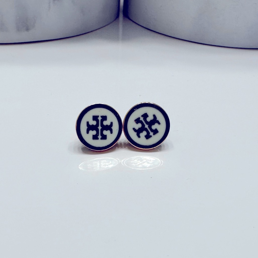 Tory Burch White and Gold Stud Earrings.